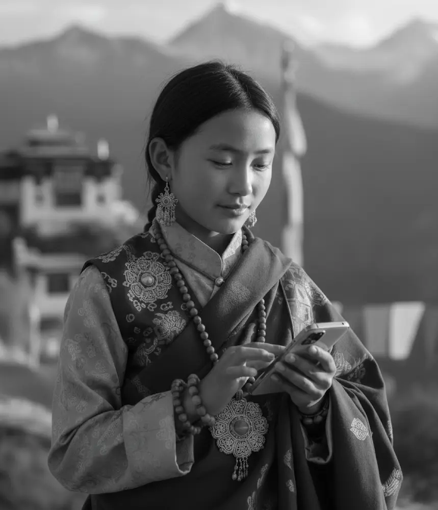 ילדה טיבטית מסורתית אוחזת טלפון נייד